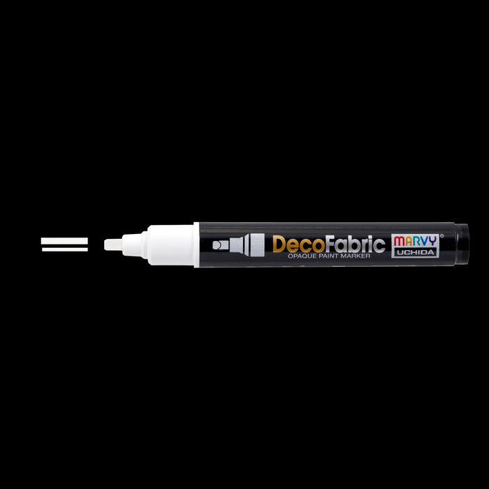 Decofabric marker white with cap off and color line at tip with black background