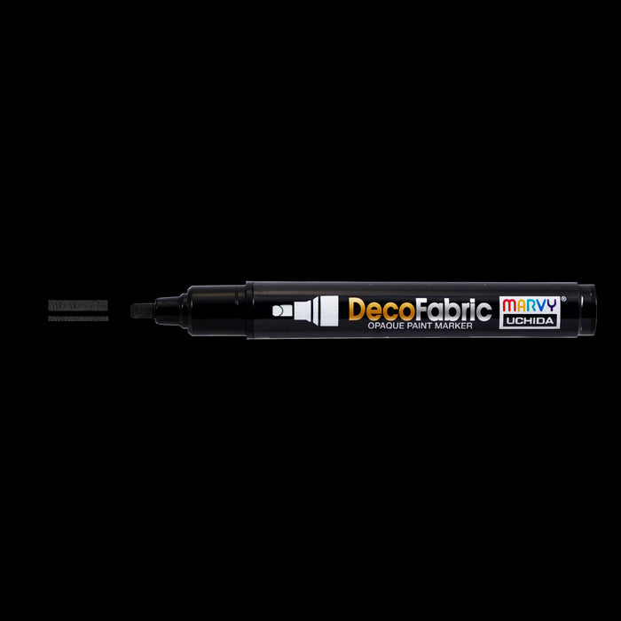 Decofabric marker black with cap off and a color line at tip with black background