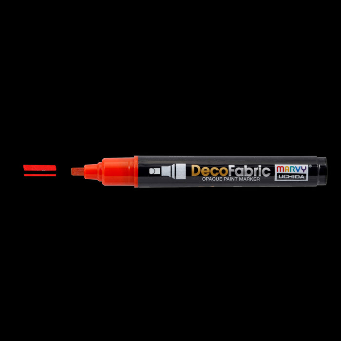 Decofabric marker red with cap off and color lines at tip with black background
