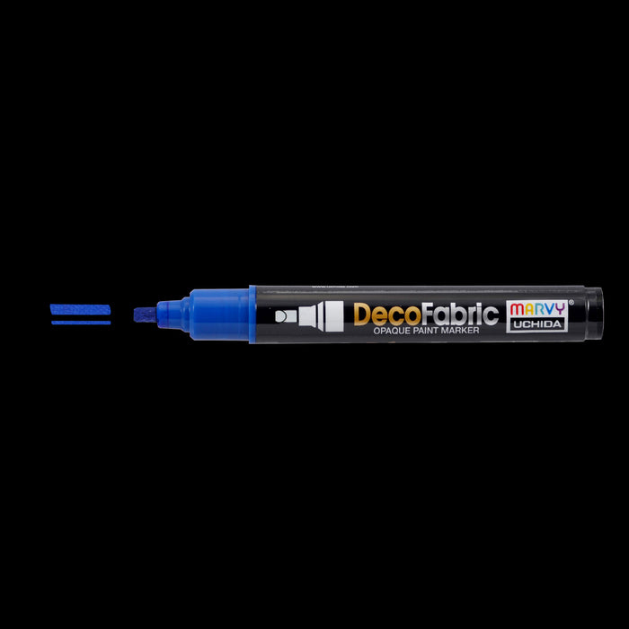 Decofabric marker blue with cap off and a color line at tip with black background