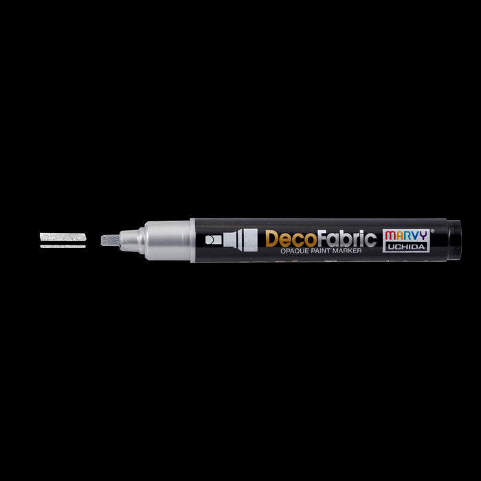 Decofabric silver marker with cap off and color lines at tip with black background