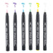 Opaque brush pastel set with cap off and with squiggle marks to show color. In bubblegum pink, wisteria, pale blue, peppermint, yellow and white.