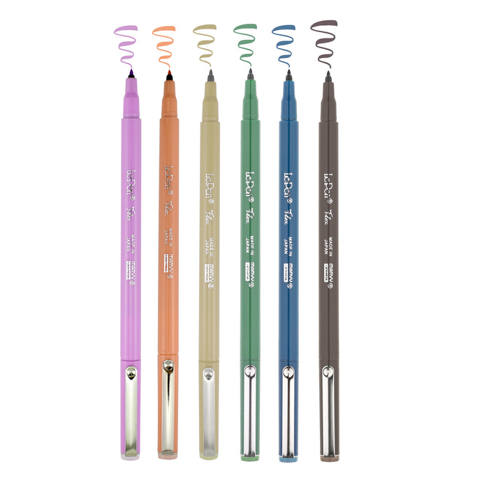 LE PEN FLEX RETRO COLORS PALE MAUVE, CORAL PEACH, BEIGE, JADE GREEN, STEEL BLUE, AND SEPIA.