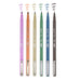 Le Pen Flex Retro color pen line up of pale mauve, coral peach, beige, jade green, steel blue, and sepia pens with squiggle marks on top of each marker.