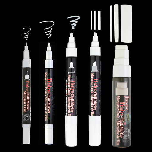 Bistro chalk marker combo set with white in in extra fine, fine, broad, chisel and jumbo tip.