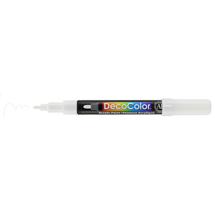 Decocolor Acrylic fine tip white with cap off and color squiggle at tip