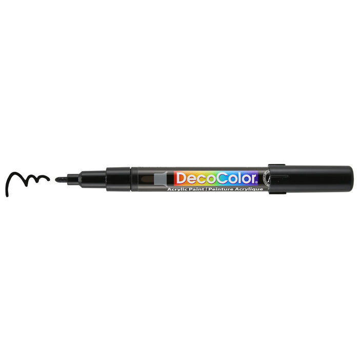 Decocolor acrylic fine tip marker black with cap off and color lines at tip