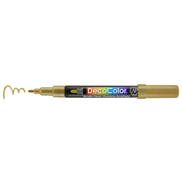 Decocolor Acrylic fine tip gold with cap off and color squiggle at tip