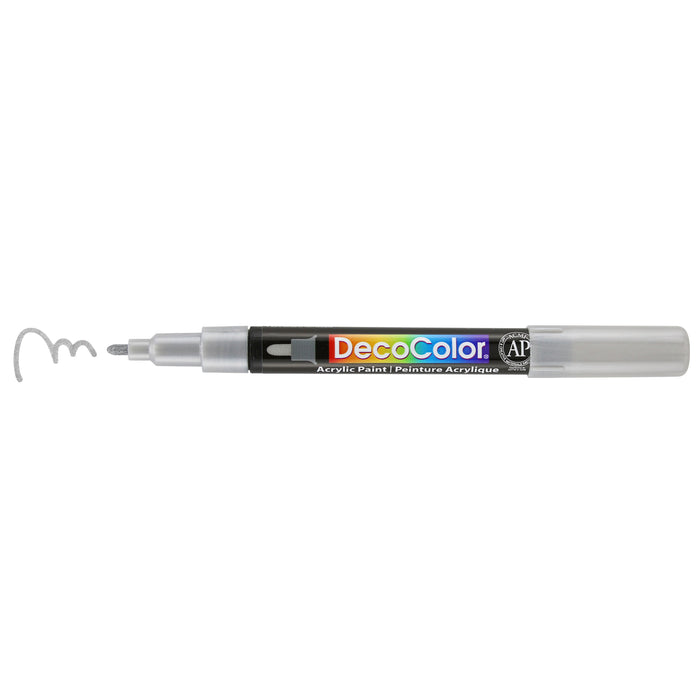 Decocolor acrylic fine tip marker silver with cap off and color lines at tip
