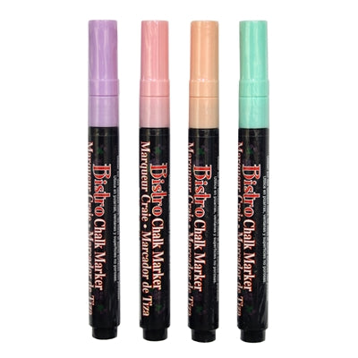 Marvy Uchida Bistro chalk marker extra fine four piece set capped. Colors include pastel peach, peppermint, blush pink, and pale violet.