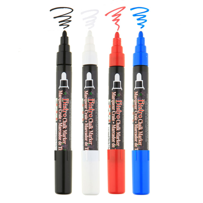 Bistro chalk broad tip marker with cap off showing ink color on a white background. Colors black, white, red, and blue.