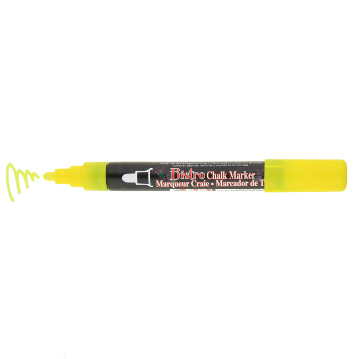 Bistro chalk fluorescent yellow broad tip with cap off showing ink color on a white background.