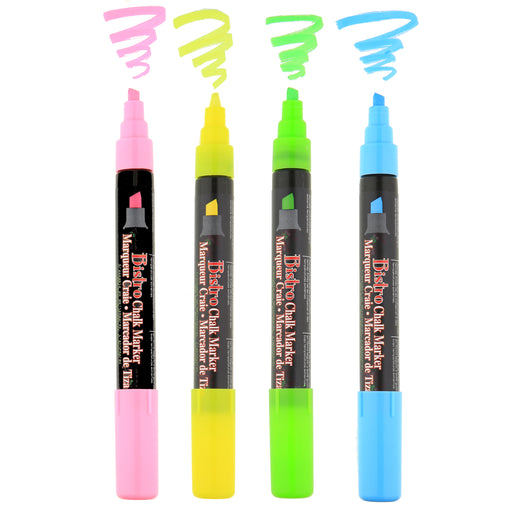 Bistro chalk fluorescent chisel tip markers with cap off showing ink color on a white background. Colors fluorescent pink, yellow, green, and blue.