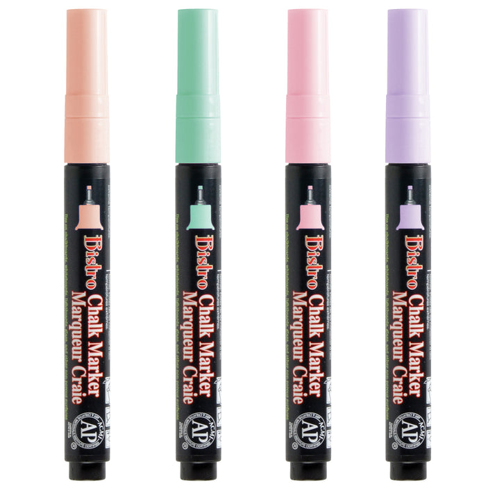 Marvy Uchida Bistro chalk marker extra fine four piece set capped. Colors include pastel peach, peppermint, blush pink, and pale violet.