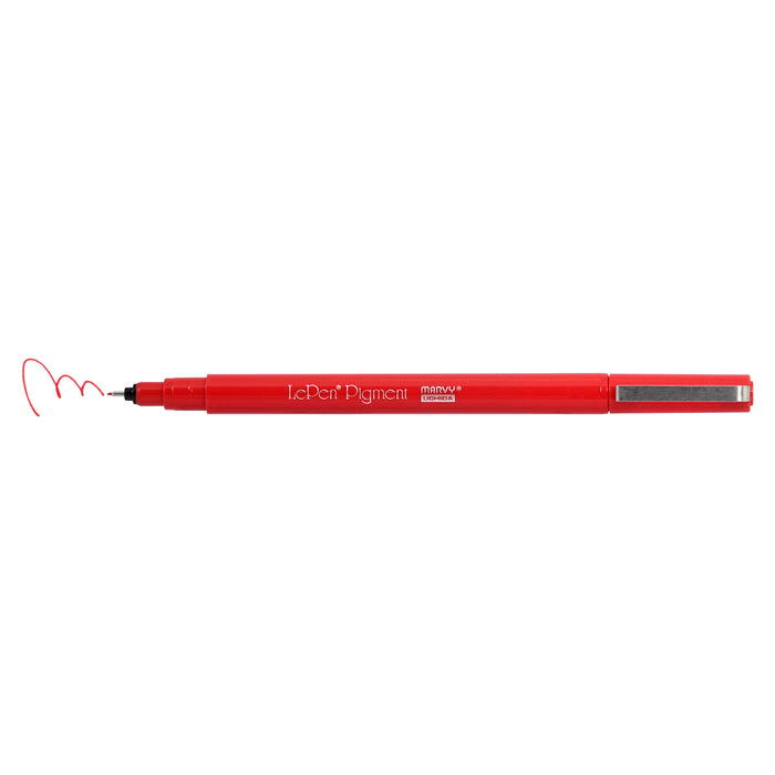 Le pen pigment marker red with cap off showing color squiggle at tip 