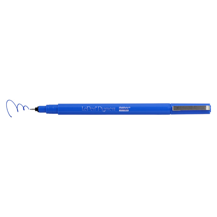 Le pen pigment marker blue with cap off showing color squiggle at tip 