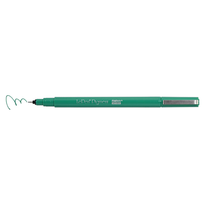 Le pen pigment marker green with cap off showing color squiggle at tip 