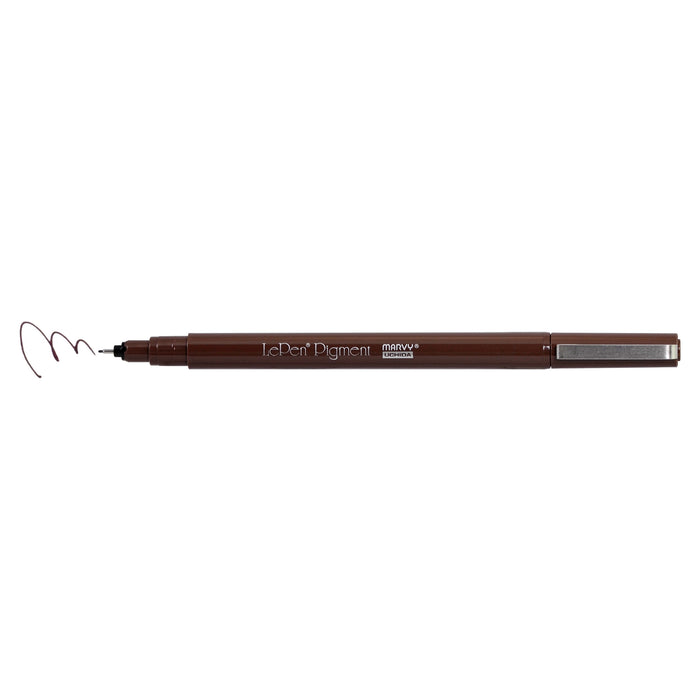 Le pen pigment marker brown with cap off showing color squiggle at tip 