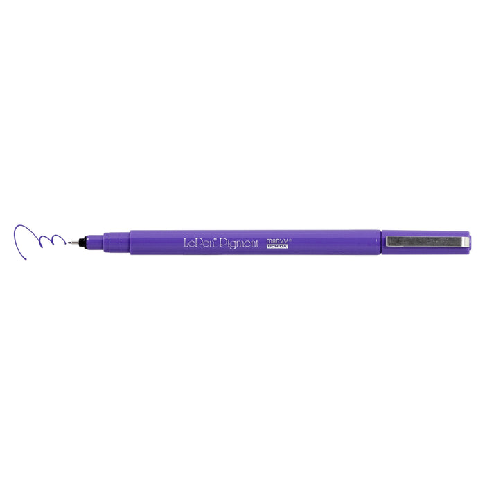 Le pen pigment jewel set lavender marker with cap off showing lavender squiggle at tip.